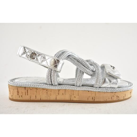 Chanel 20S Silver Cord Rope CC Logo Quilted Ankle Strap Teva Dad Sandal Flat 36 - Picture 2 of 16